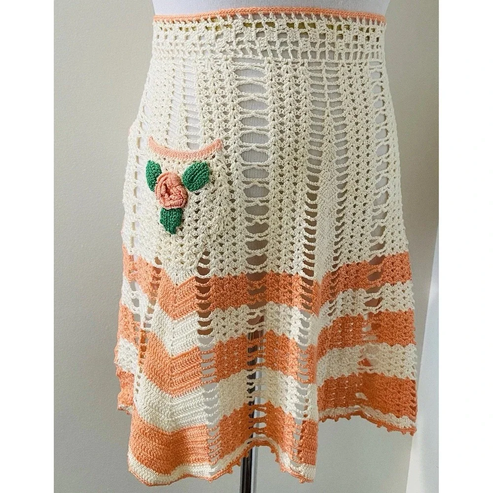 Vintage Orange Cream Floral Crochet Handmade Waist Half Apron Stripes Cafe Diner